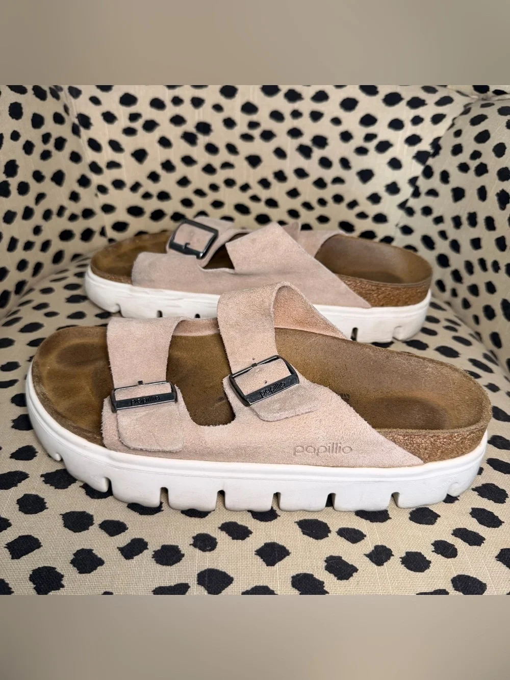 Birkenstock Arizona Platform Double Strap Suede Sandals in Light Pink